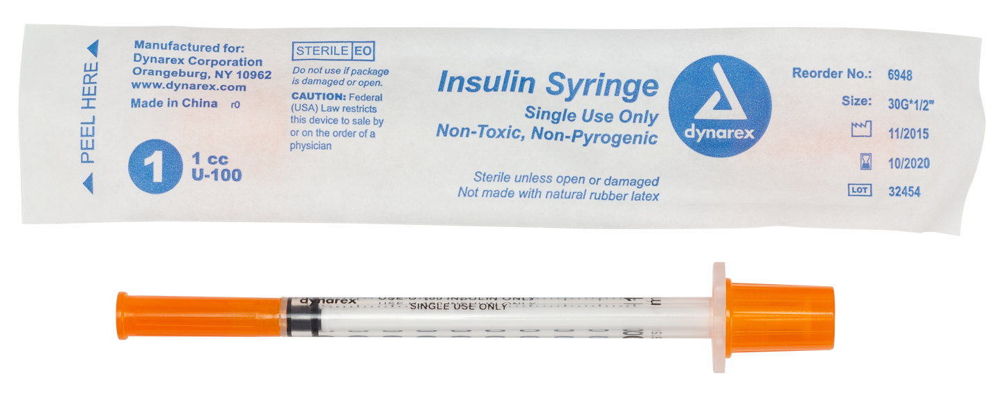 Insulin Syringe - Non-Toxic - Individual Wrapped, 30G, 1/2" Needle, 1 cc, 5/100/cs