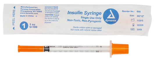 Insulin Syringe - Non-Toxic - Individual Wrapped, 30G, 1/2" Needle, 1 cc, 5/100/cs