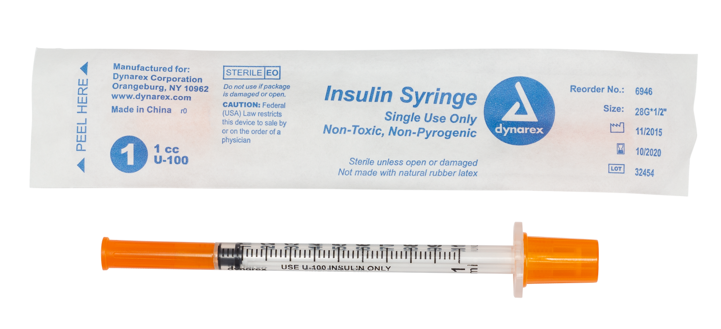 Insulin Syringe - Non-Toxic - Individual Wrapped, 28G, 1/2" Needle, 1 cc, 5/100/cs