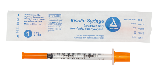 Insulin Syringe - Non-Toxic - Individual Wrapped, 28G, 1/2" Needle, 1 cc, 5/100/cs