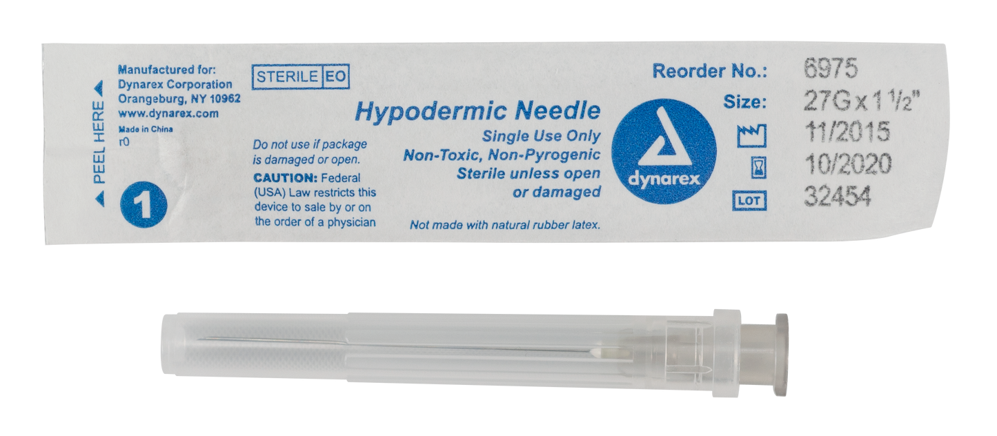 Hypodermic Needle - Non-Safety, 27G, 1 1/2" Needle, 10/100/cs