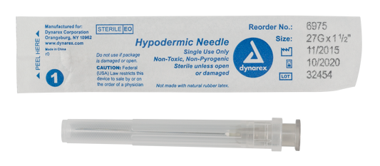 Hypodermic Needle - Non-Safety, 27G, 1 1/2" Needle, 10/100/cs