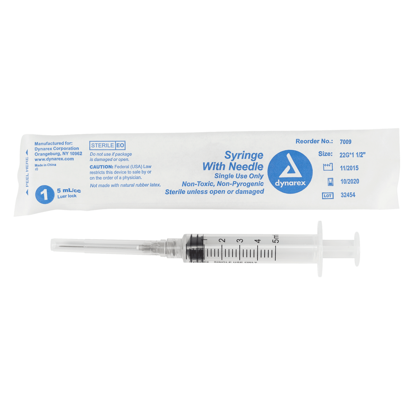 Syringe - Non-Safety with Needle - Luer Lock, 22G, 1.5" Needle, 5 cc, 4/100/cs