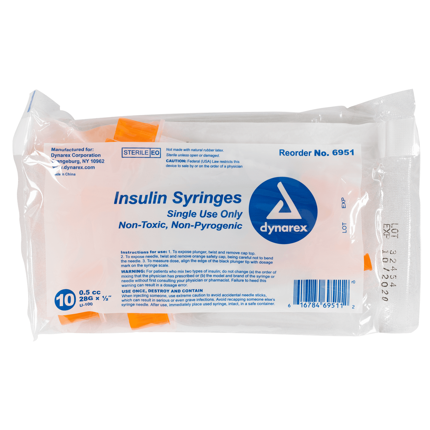 Insulin Syringe - Non-Toxic, 28G, 1/2" Needle, 0.5 cc, 5/100/cs