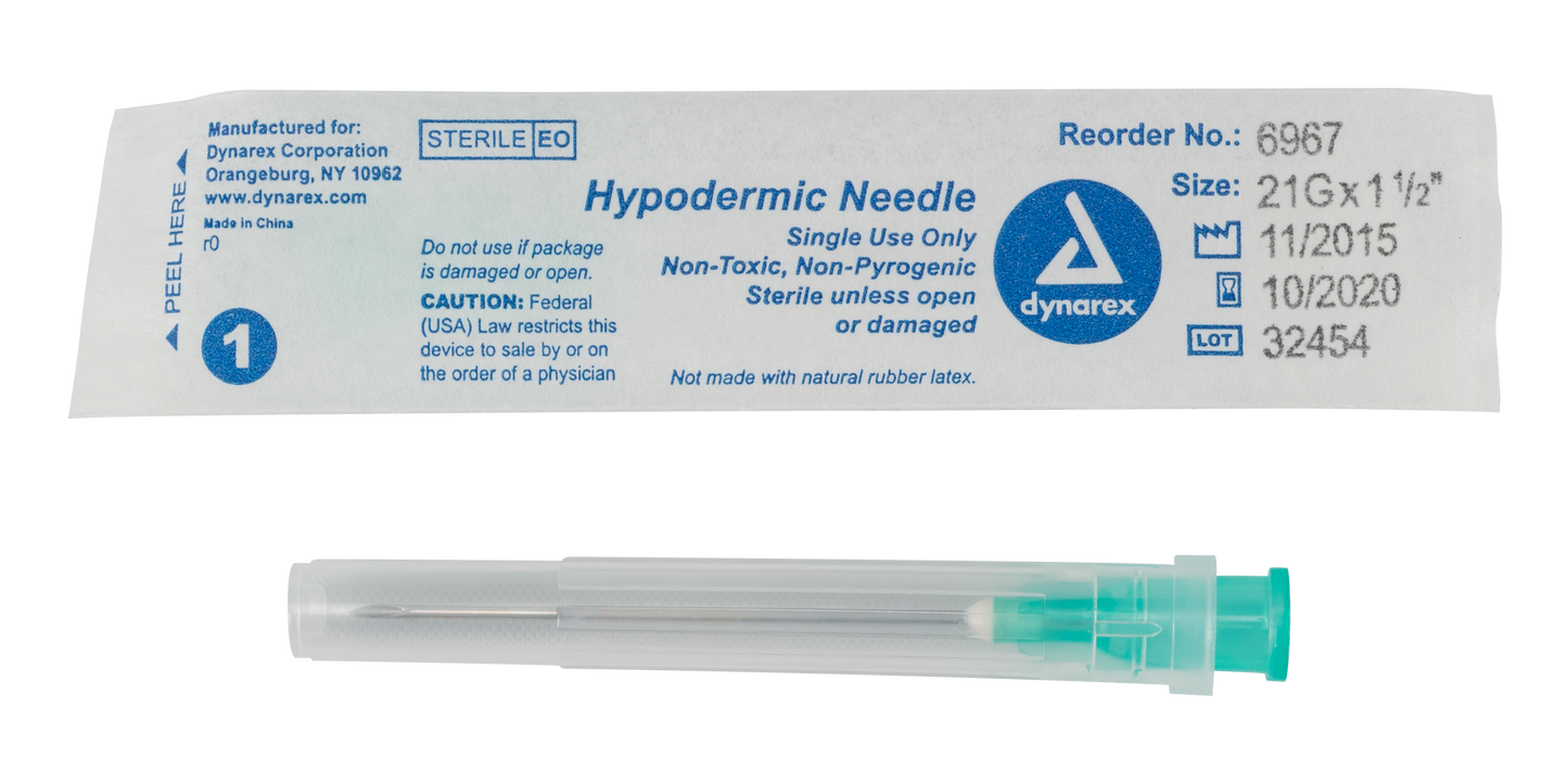 Hypodermic Needle - Non-Safety, 21G, 1 1/2 " Needle, 10/100/cs