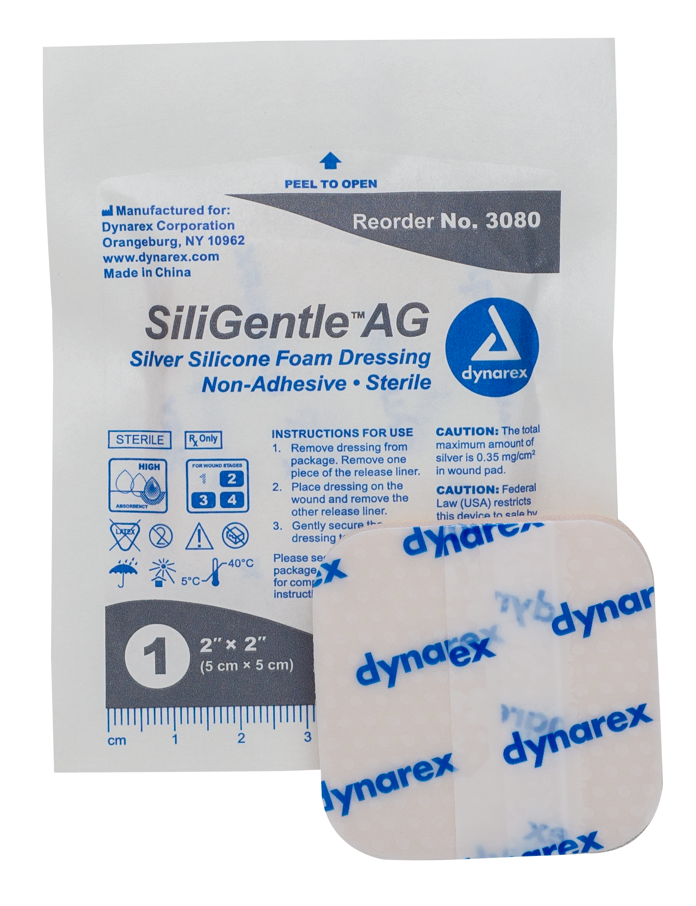 SiliGentle AG - Silver Silicone Foam Dressing, 2" x 2", 5/10/cs