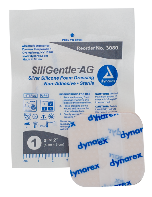 SiliGentle AG - Silver Silicone Foam Dressing, 2" x 2", 5/10/cs