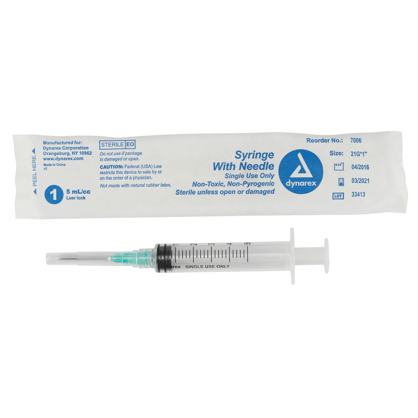 Syringe - Non-Safety with Needle - Luer Lock, 21G, 1" Needle, 5 cc, 4/100/cs