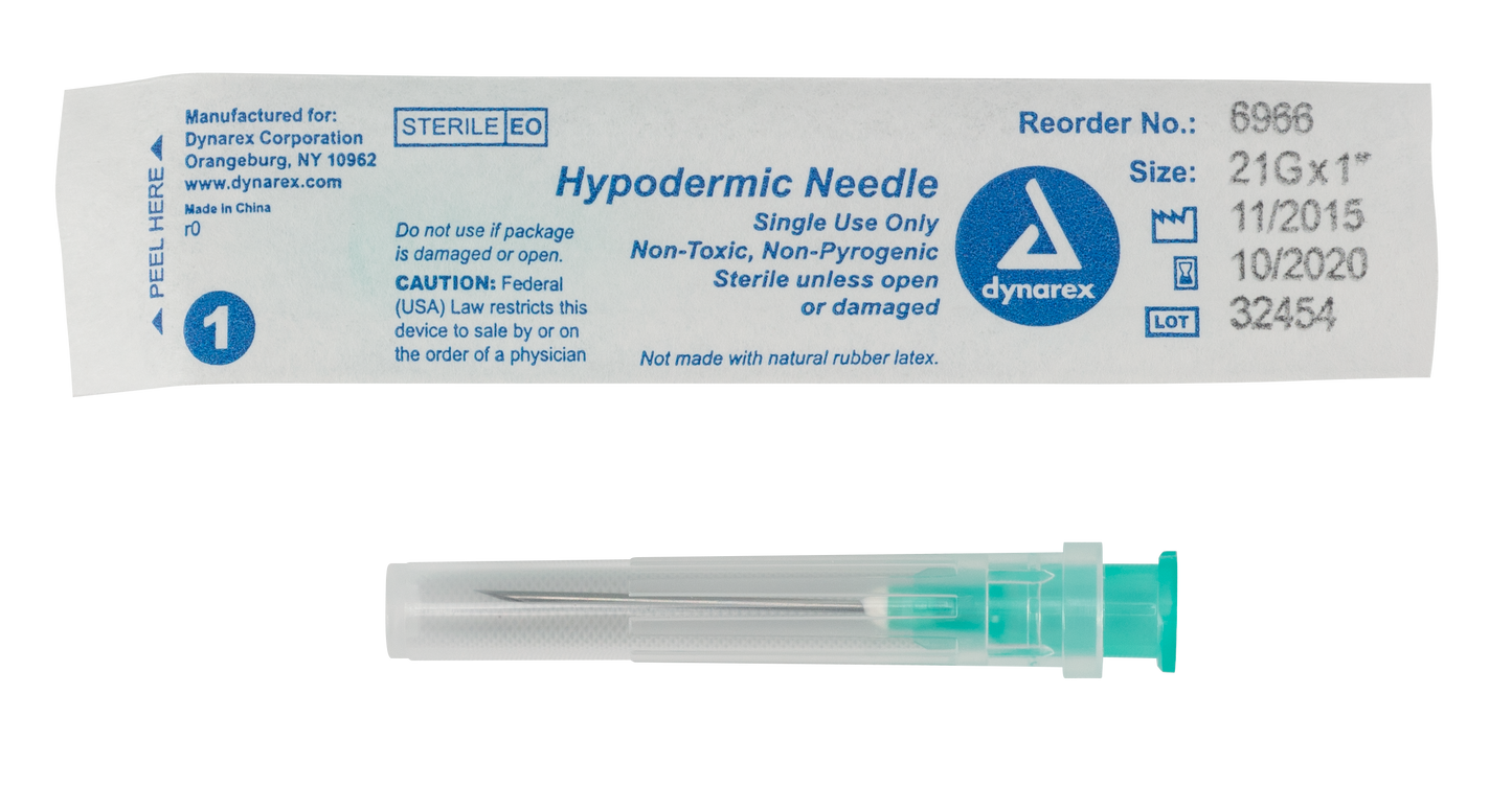 Hypodermic Needle - Non-Safety, 21G, 1 " Needle, 10/100/cs