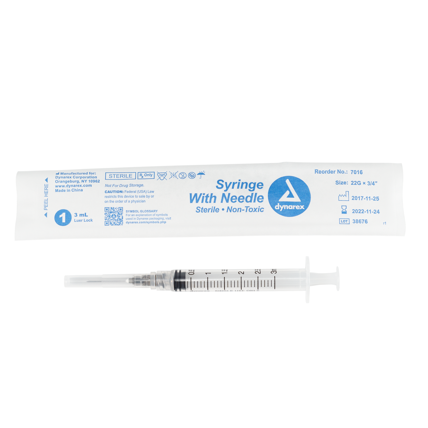 Syringe - Non-Safety with Needle - Luer Lock, 22G, 3/4" Needle, 3 cc, 8/100/cs