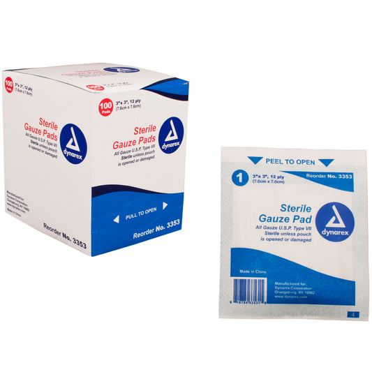 Gauze Pad - Sterile 1's, 3" x 3" 12 Ply, 24/100/cs