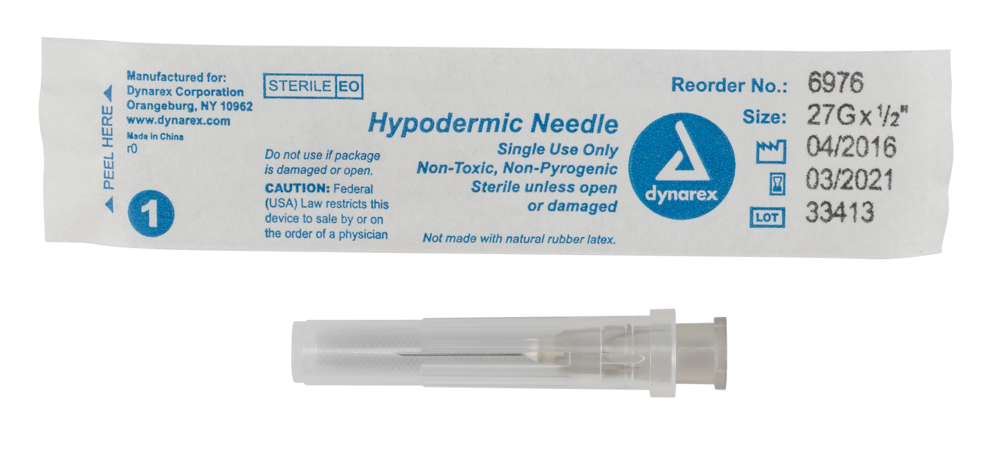 Hypodermic Needle - Non-Safety, 27G, 1/2" Needle, 10/100/cs