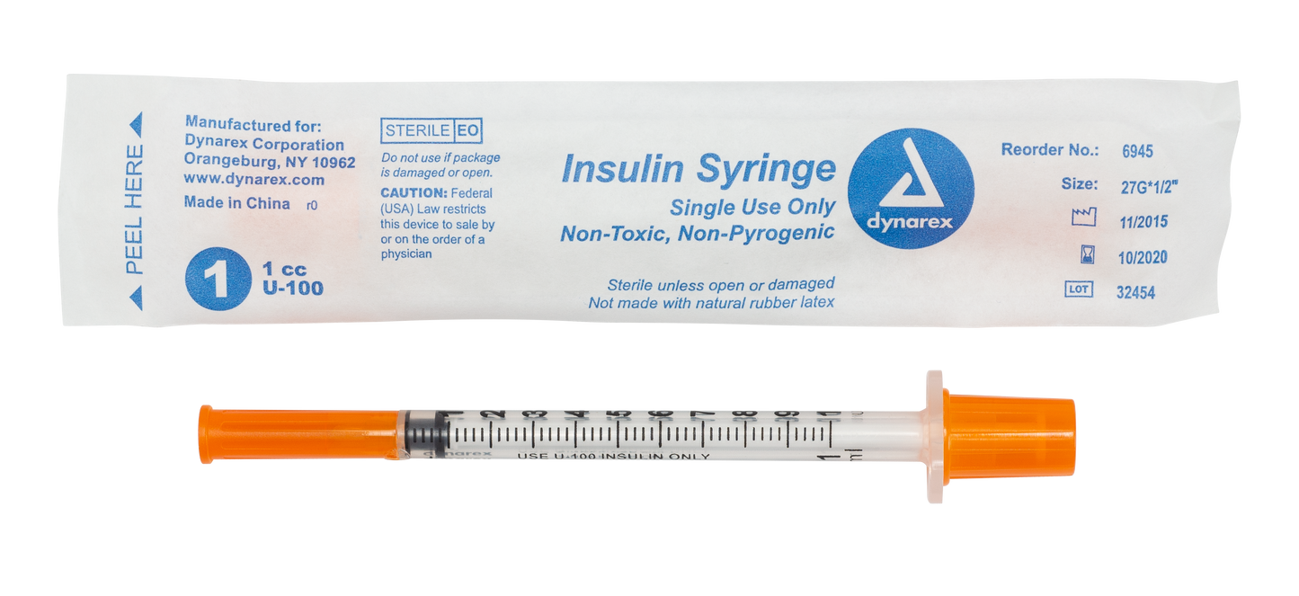 Insulin Syringe - Non-Toxic - Individual Wrapped, 27G, 1/2" Needle, 1 cc, 5/100/cs