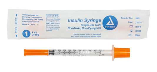 Insulin Syringe - Non-Toxic - Individual Wrapped, 27G, 1/2" Needle, 1 cc, 5/100/cs