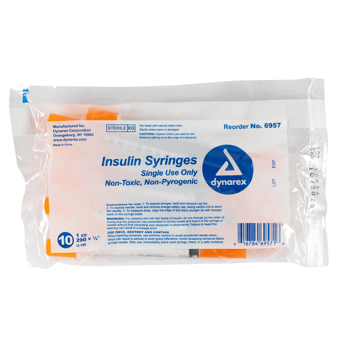 Insulin Syringe - Non-Toxic, 29G, 1/2" Needle, 1 cc, 5/100/cs